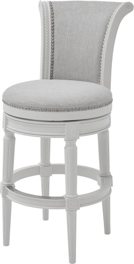 New Ridge Home Goods Chapman 31 in.. Farmhouse White High Back Wood Swivel Bar Stool with Upholstered Gray Seat, 1-Stool