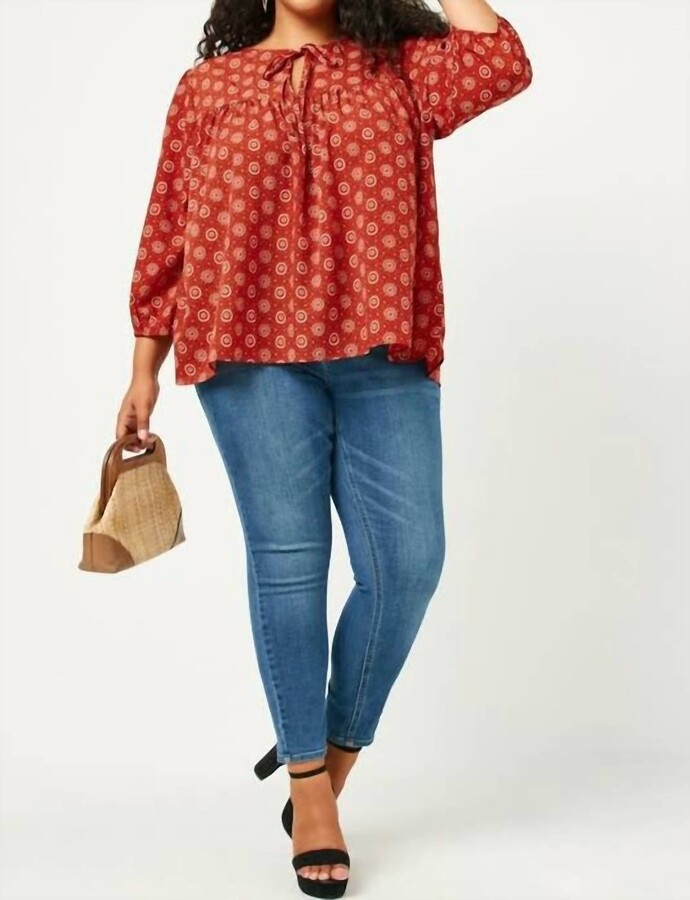 Hayden LA Tie Neck Floral Printed Peasant Top - Plus In Rust