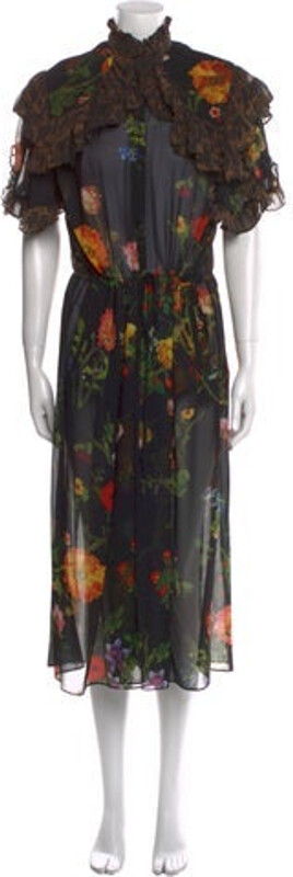 Preen by Thornton Bregazzi Silk Shirtdress Black Floral Print Short Sleeve with Mock Neck Button Closure at Front Designer