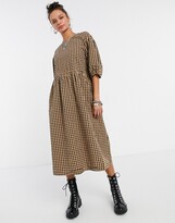 Thumbnail for your product : Monki Yoyo cotton gingham print smock midi dress in beige - BEIGE