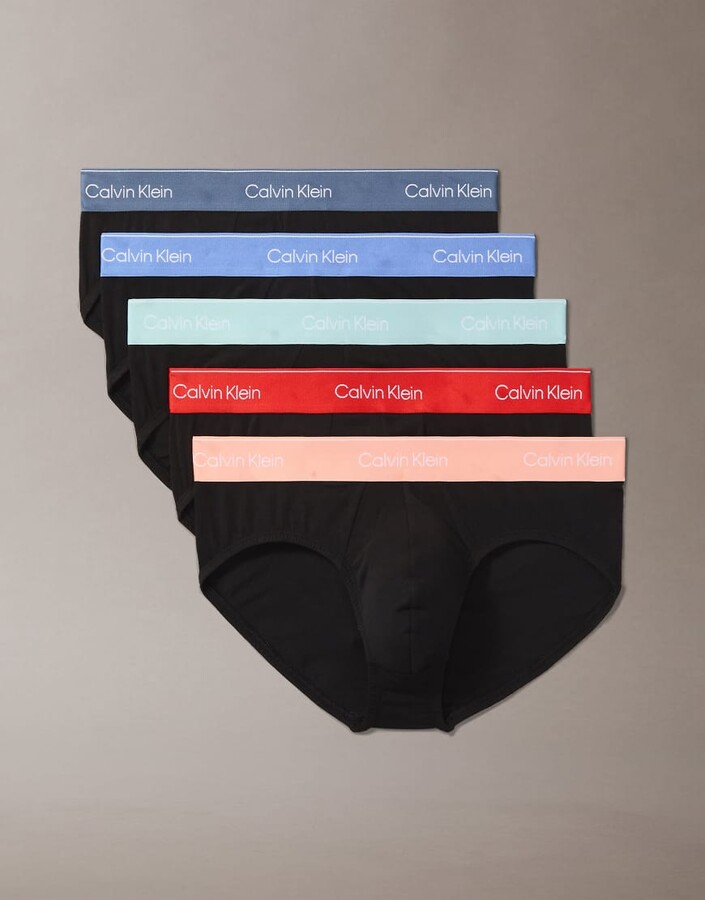 Calvin Klein Icon Cotton Stretch 5 pack hip briefs in black with red/blue waistbands