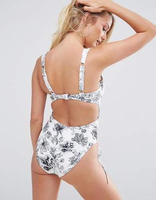 ASOS DESIGN FULLER BUST Exclusive Mono Floral Cupped Ruched Swimsuit DD-G
