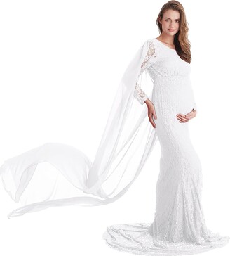 AYMENII Women's Long Sleeve Lace Maternity Dress for Photography Baby  Shower Elegant Fitted Mermaid Gown w/Flowy Chiffon Cape White L - ShopStyle
