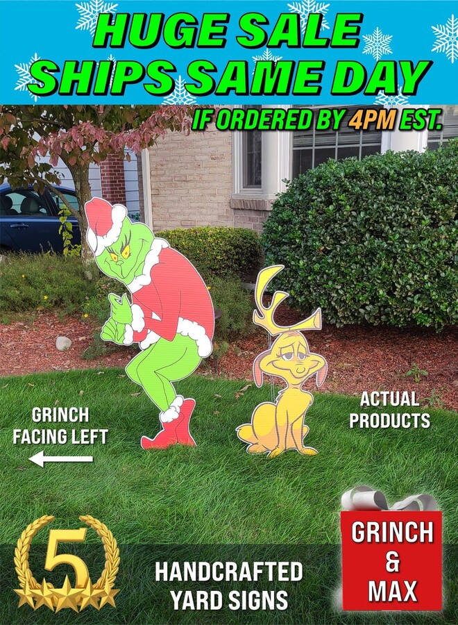 Huge Combo Grinch Stealing Christmas Lights: LEFT Facing Grinch + Max The Dog 2 Piece COMBO Yard decorations Fast Free Shipping