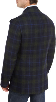 Isaia Plaid Wool-Cashmere Pea Coat, Navy/Green