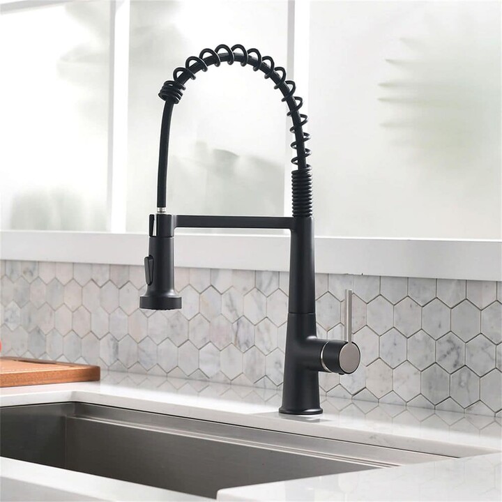 FLG Single Handle Kitchen Faucet with Pull Down Sprayer 1 Hole Kitchen Sink Faucet Brass Commercial Taps in Matte Black
