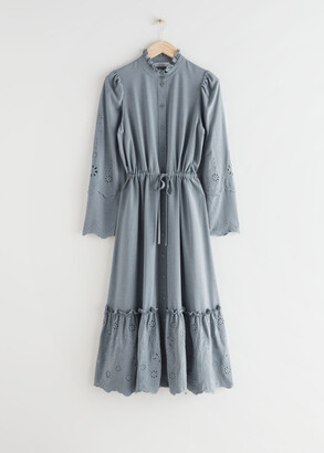 And other stories Embroidered Button Up Scallop Midi Dress