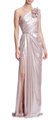 Marchesa 3-D Floral One-Shoulder Draped Evening Gown w/ Front Slit