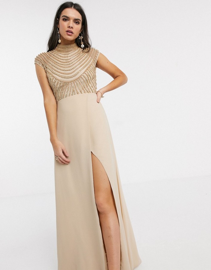 asos design maxi dress in delicate linear sequin with long sleeves