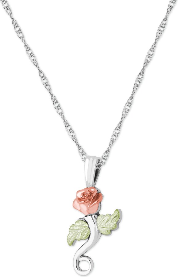 Black Hills Gold Rose Pendant 18" Necklace in Sterling Silver with 12K Rose and Green Gold