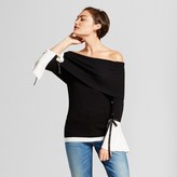 Thumbnail for your product : XOXO Women's Off the Shoulder Contrast Bell Sleeve Tie Sweater Juniors') Black