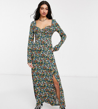 ASOS DESIGN Tall wrap front long sleeve split front maxi in bright ditsy floral print