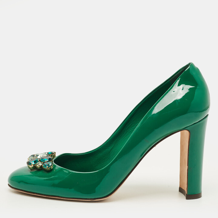 Dolce & Gabbana Size 41 Green Patent Leather Crystal Embellished Block Heel Pumps