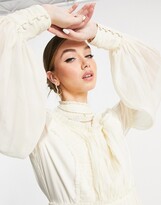 Thumbnail for your product : ASOS DESIGN high-neck ruched mini dress with blouson sleeve and raw edge trim in cream