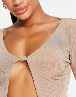 Naked Wardrobe long sleeve open cropped top in tan - ShopStyle