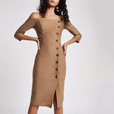 Thumbnail for your product : River Island Womens Beige bardot button front bodycon midi dress