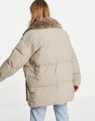 ASOS DESIGN sherpa collar four pocket puffer jacket in beige - ShopStyle