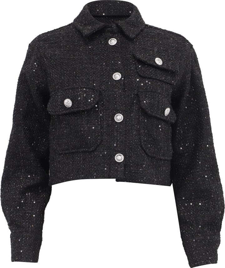 Maje Cenatelli Sequinned Tweed Jacket in Black Polyester