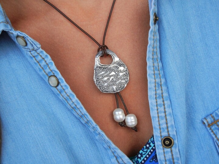 Etsy Beach Jewelry, Necklace, Ocean Leather Sterling Silver Waves Necklace N Pearls, Pearls