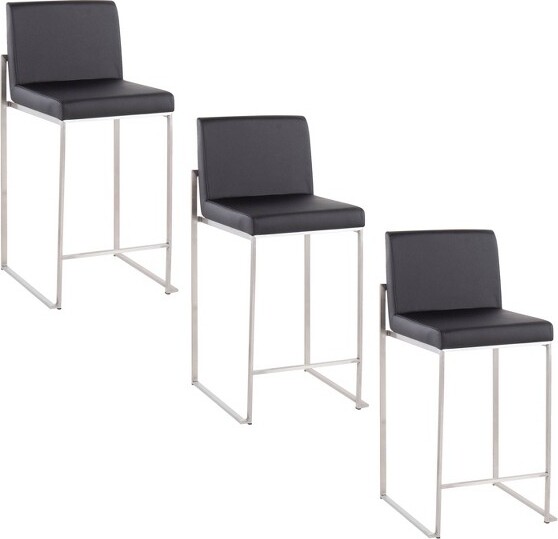 Lumisource LumiSourceSetof3FujiHighBackCounterHeightBarstoolsStainlessSteel/BlackPU