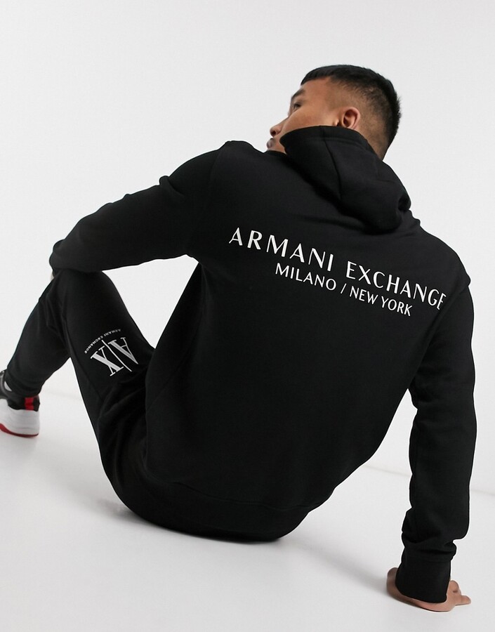 Armani Exchange logo french terry hoodie with back print in black -  ShopStyle