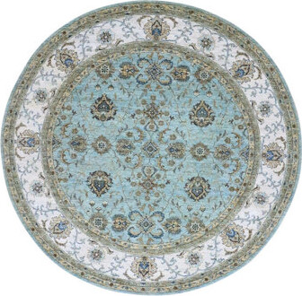 Isabelline 8'x8' Crystal Blue Agra Shah Abbas Flower Vines Design Hand Knotted Pure Wool Natural Dyes Denser Weave Round Oriental Rug