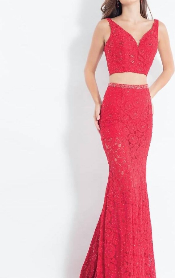 RACHEL ALLAN Lace Floral Two-Piece Prom Dress In Red