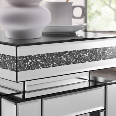 Latitude Run 2 Mirrored Square End Table, Silver Modern Accent Table With Storage And Crystals Inlay For Living Room, Bedroom & Small Spaces, 11.8\