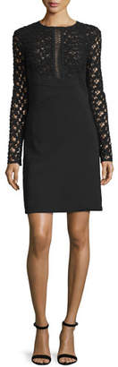 Lela Rose Long-Sleeve Lace-Inset Tunic Dress, Black