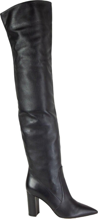 Gianvito Rossi Black Leather Pointed Toe Over Knee Boots Shoes 38