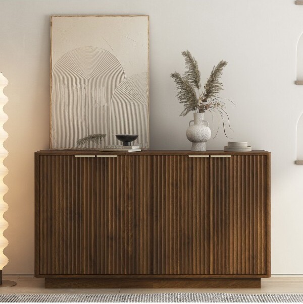OkakModernFlutedStorageBuffetCabinetwith4Doors&AdjustableShelves,DecorativeSideboardAccentCabinetforDiningRoom,Brown