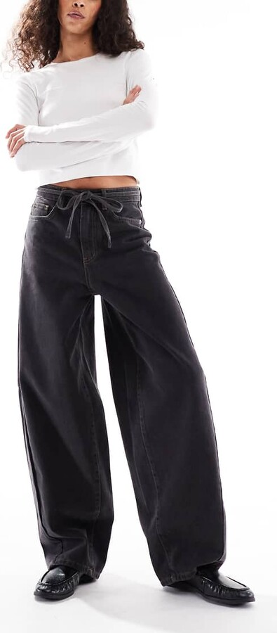 Object premium super barrel leg jeans with tie waist in black