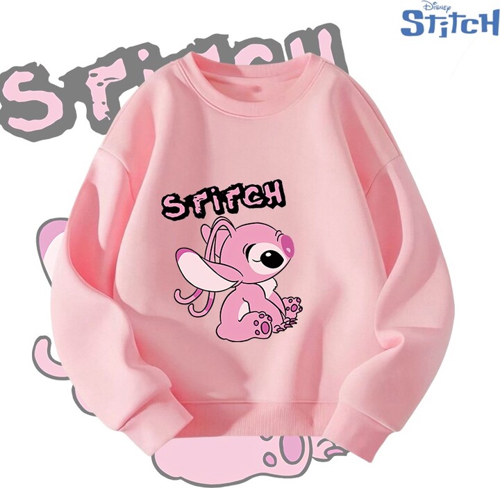 2025 Disney Lilo & Stitch Girls Hoodie Casual Cartoon Anime Fun Print Children & apos;s Top Spring Girls & apos; Cute Short Round Neck Sweater