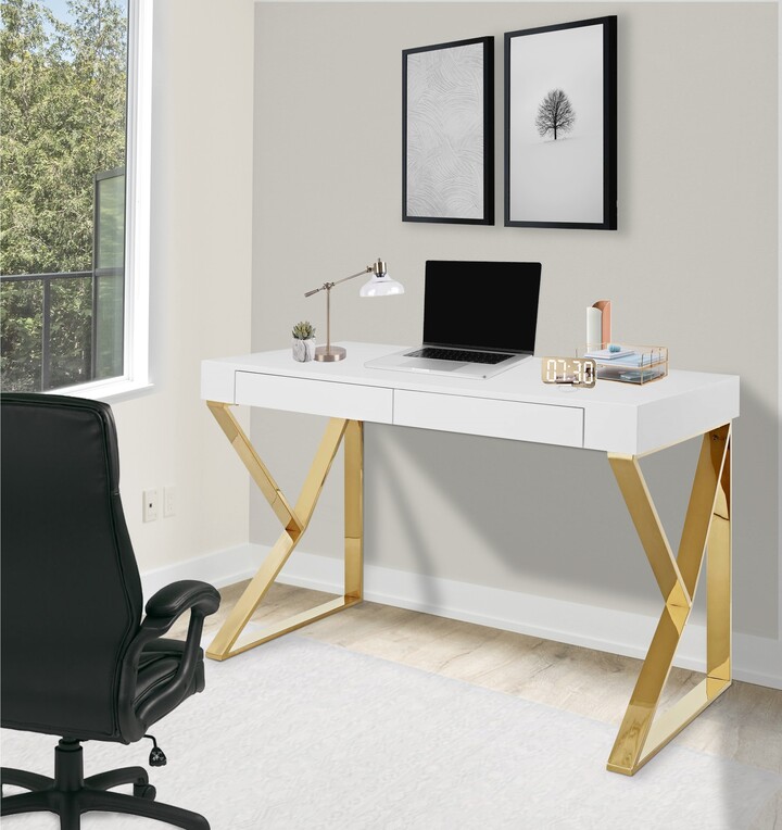 Owen Modern White High Gloss Home Office Computer Writing Desk with Gold Metal Legs ShopStyle