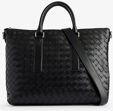 Bottega Veneta Mens Black-Silver Getaway Leather Briefcase