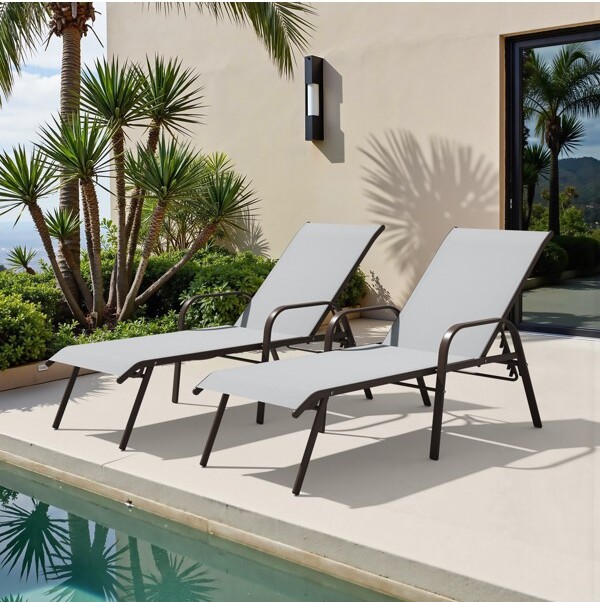 Crestlive Products CrestliveProducts2PcsPatioChaiseLoungeChairAdjustableChairwith5PositionsandFlatPositionLightGray