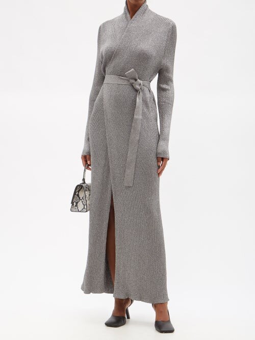 Balenciaga Metallic Rib-knit Longline Wrap Dress - Silver - ShopStyle