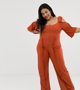 Thumbnail for your product : Lost Ink Plus Cold Shoulder Jumpsuit With Frill Leg Detail In Textured Fabric