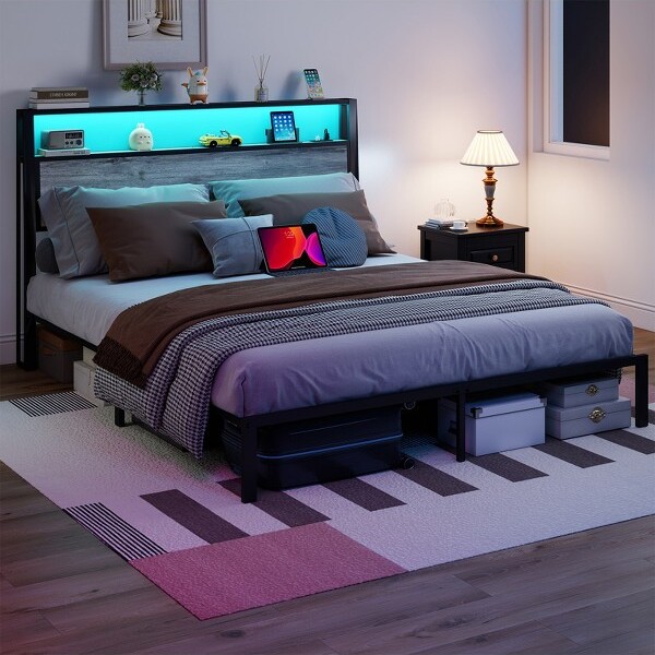 ORRDQueenSizeBedFramewithHeadboardRGBLEDLight&ChargingStation-RusticGrey
