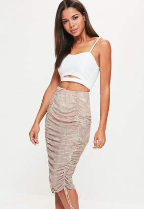 Missguided Nude Printed Mesh Gathered Front Midi Skirt