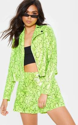 PrettyLittleThing Neon Lime Faux Leather Snake Print Biker Jacket