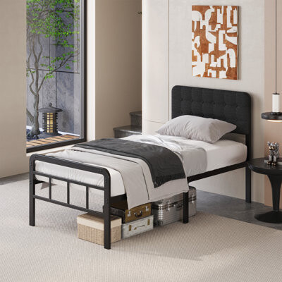 16 Inch Bed Frame with Black Upholstered Headboard and Metal Footboard