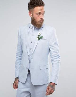 ASOS Design Wedding Skinny Suit Jacket In Light Blue Stretch Linen Cotton