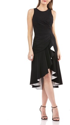 Carmen Marc Valvo Sleeveless High-Low Cocktail Dress w/ Contrast Lined Ruffle