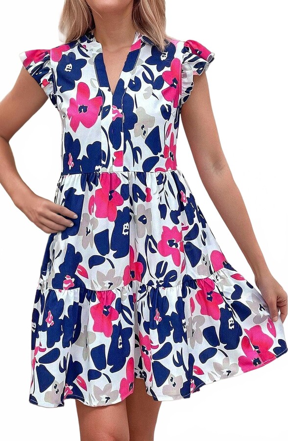Little Daisy Closet Notched Neck Flutter Sleeve Mini Dress In Rose Floral Print