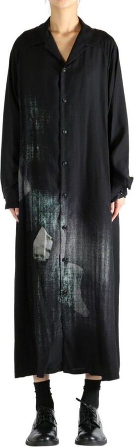 Y's Message-Print Dungaree Twill Open Collar Shirt Dress