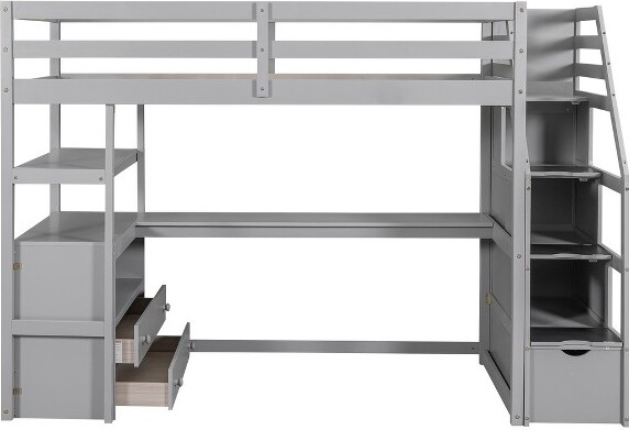 YOOCOZZTwinSizeLoftBedwithBuilt-inDeskDrawersShelvesandStorageStaircase-Gray