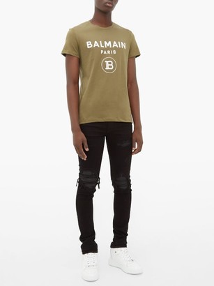 Balmain Flocked Logo-print Cotton T-shirt - Khaki