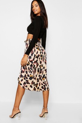 boohoo Tall Satin Leopard Print Wrap Skirt