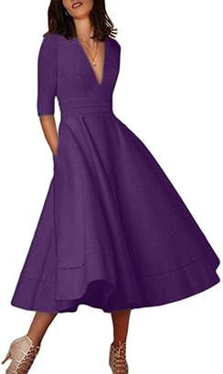 EFOFEI Womens Deep V Neck Dress Half Sleeve Swing Dress High Waist Dress
